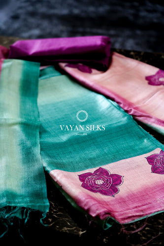 Green Pink Printed Silk Suit Set