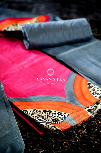 Pink Grey Printed Silk Suit Set