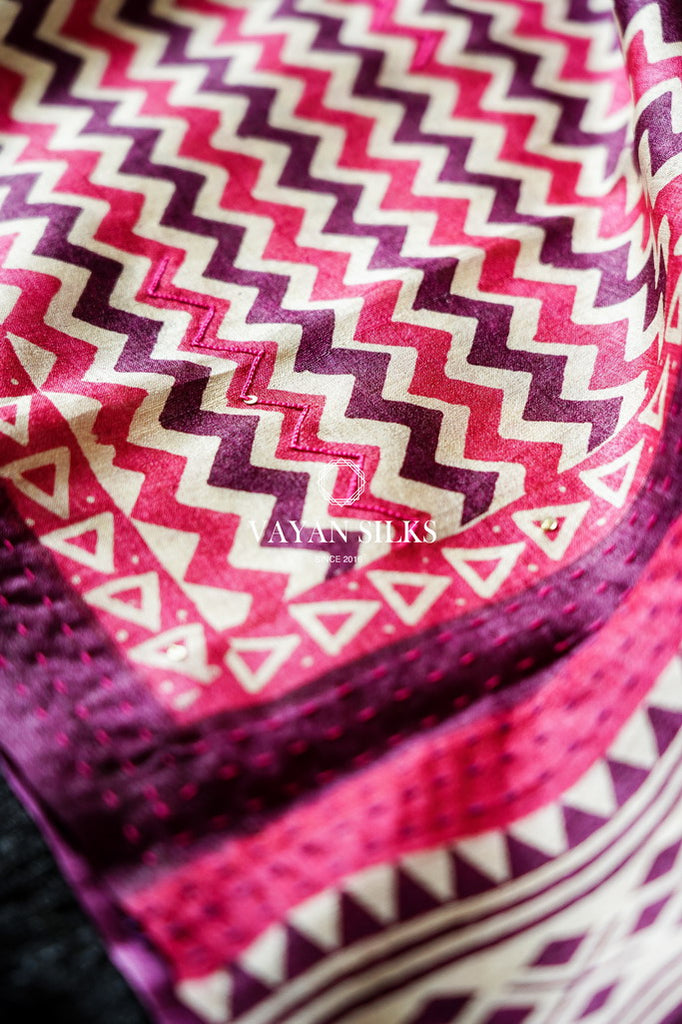 Pink Kantha embroidery printed dupatta