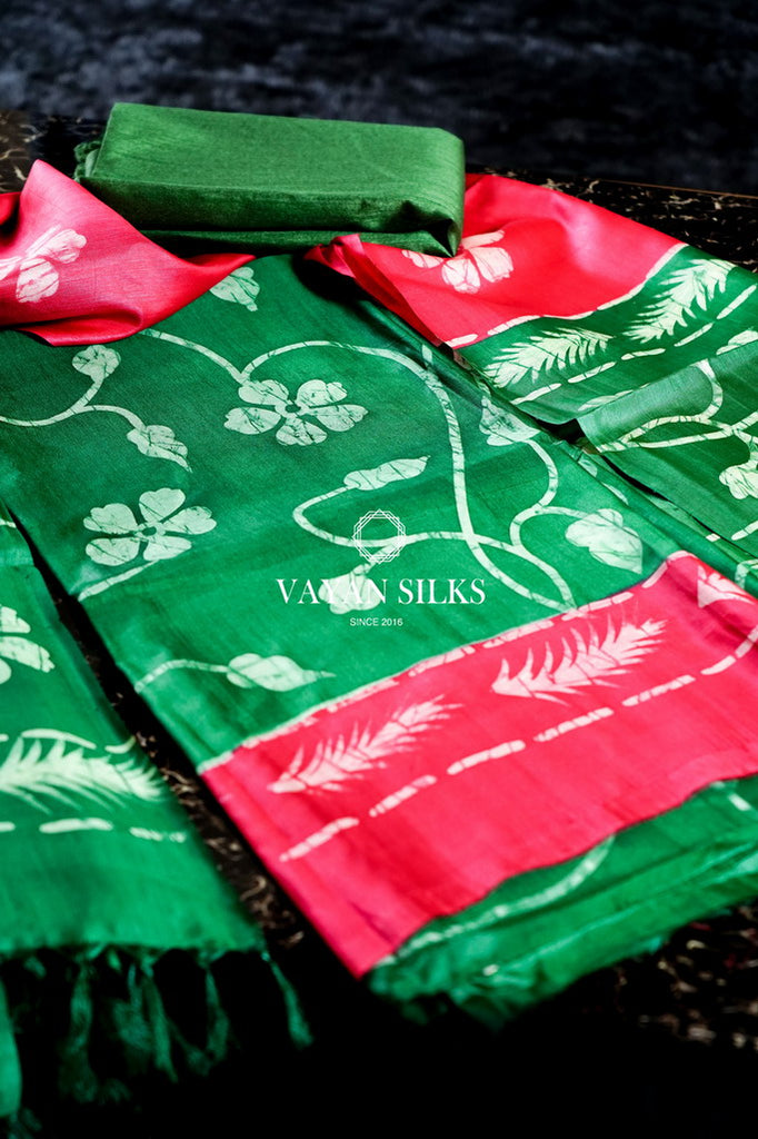 Green Pink Batik Hand painted Tussar Silk Suit Set