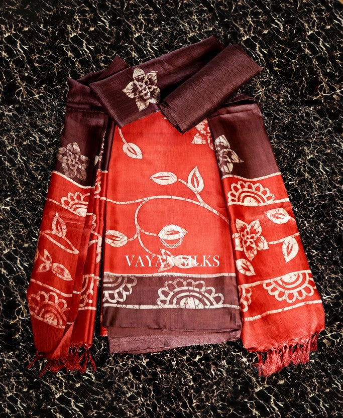 Red Brown Batik Hand painted Silk Suit Set