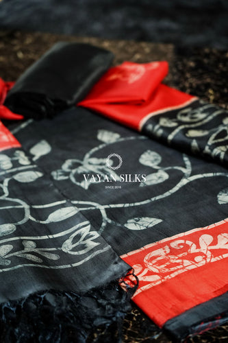 Black Red Hand painted Silk Suit Set