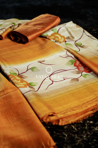 Orange hand painted Tussar Suit Set
