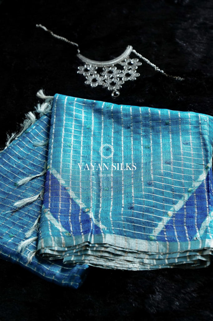 Blue Printed Tussar Saree