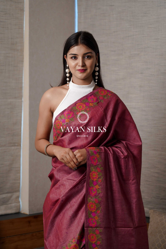 Nazaakat - Sangria Maroon Saree with Thread Embroidery