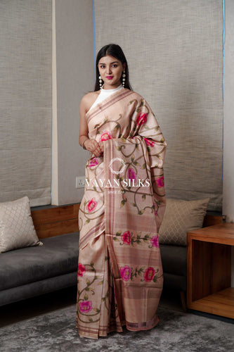 Salmon Pink Hand painted Tussar Saree