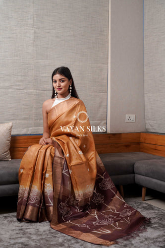 Brown Gold Printed Tussar Saree