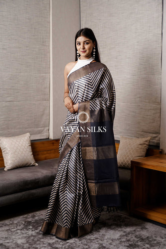 Black White Tussar Saree with Multi color Blouse