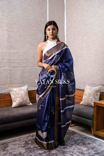 Royal Blue Printed Tussar Silk Saree