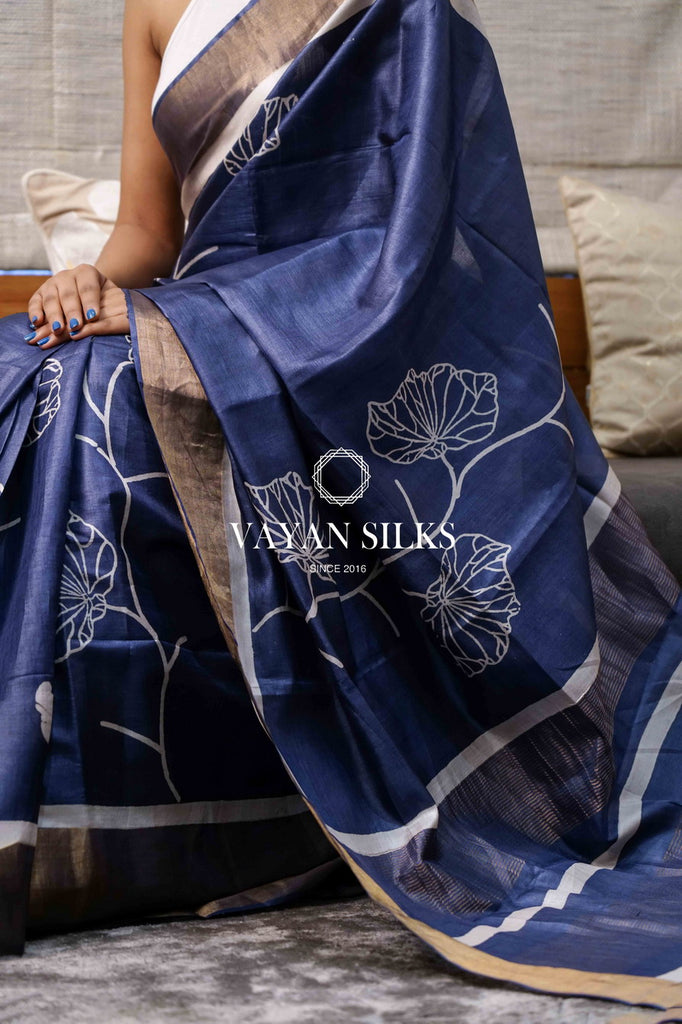 Royal Blue Printed Tussar Silk Saree
