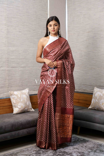 Wine Zig Zag Tussar Silk Saree