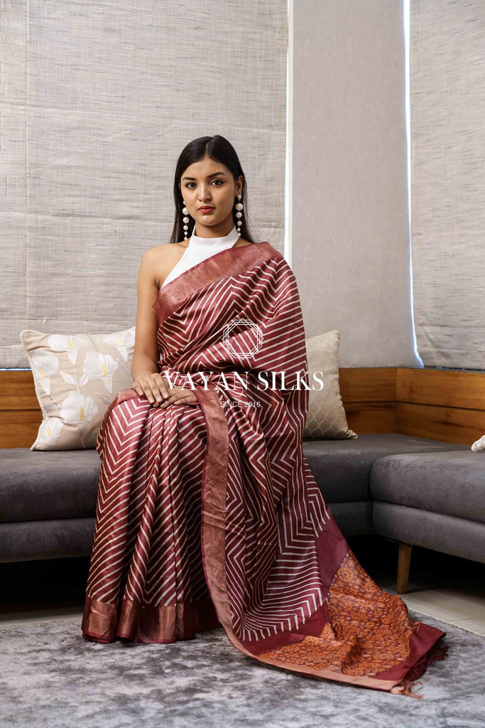 Wine Zig Zag Tussar Silk Saree