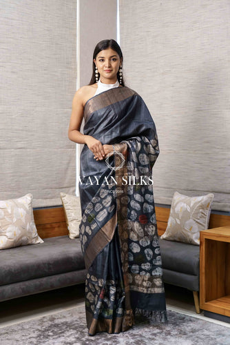 Charcoal Batik Print Tussar Silk Saree