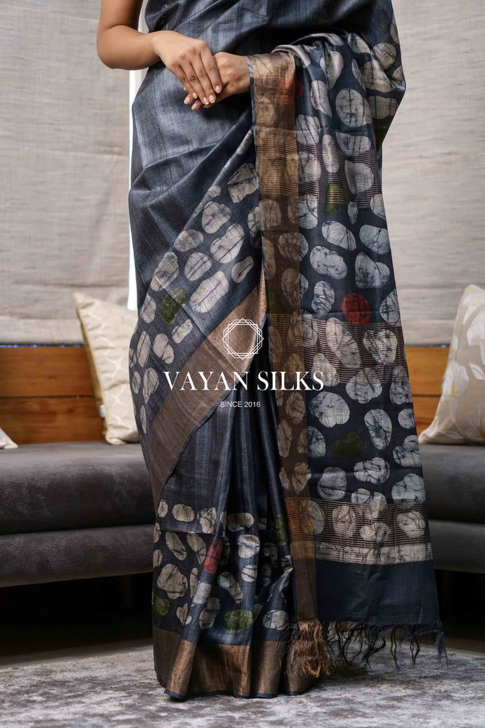 Charcoal Batik Print Tussar Silk Saree