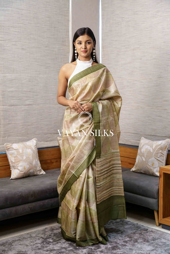 Green Pink Printed Tussar Silk Saree
