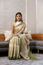 Load image into Gallery viewer, Green Pink Printed Tussar Silk Saree