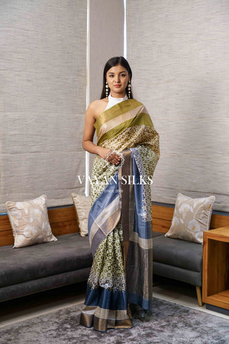 Green Bluish Grey Printed Tussar Silk Saree