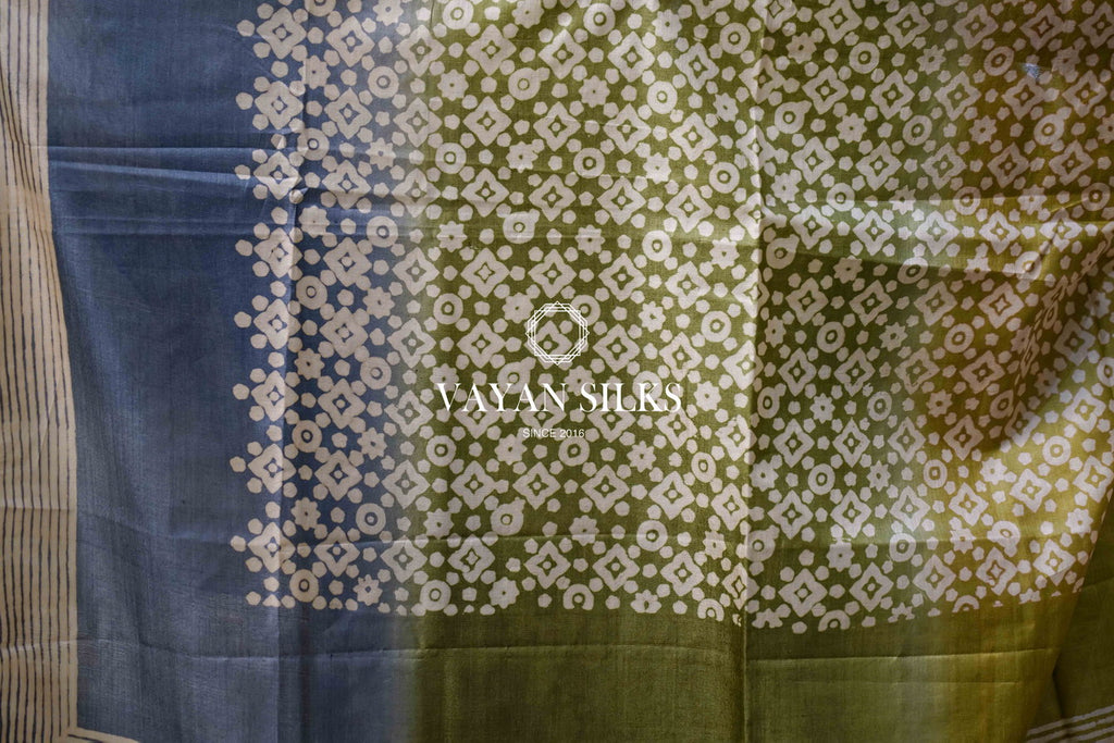 Green Bluish Grey Printed Tussar Silk Saree