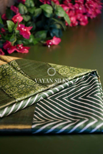 Green Zig Zag Ajrakh Tussar Saree