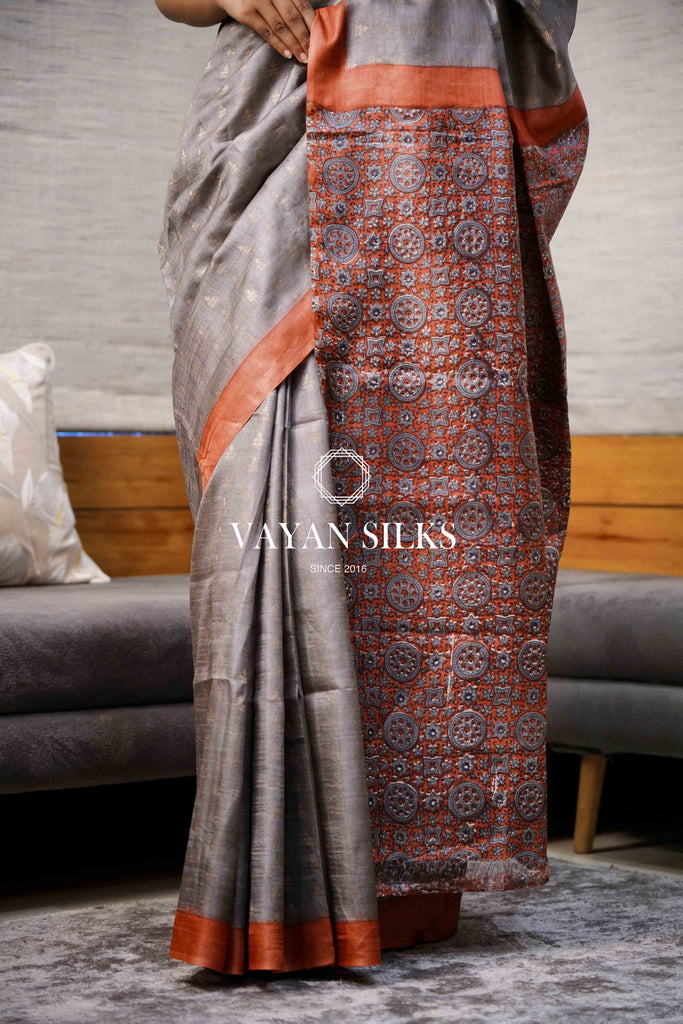 Unique Grey Red Woven-Printed Tussar Silk Saree