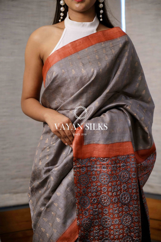 Unique Grey Red Woven-Printed Tussar Silk Saree