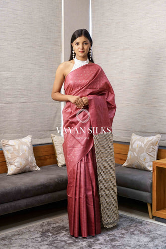 Unique Light Red Woven Printed Tussar Silk Saree