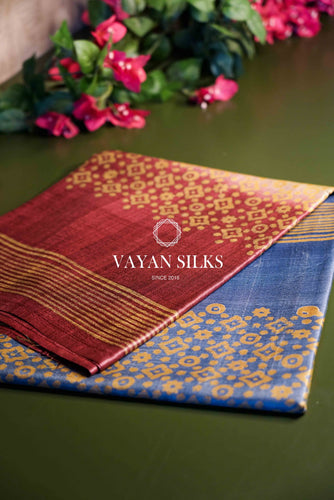 Red Blue Printed Tussar Silk Saree