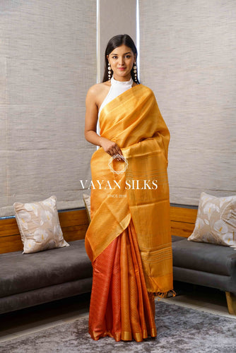 Yellow Orange Woven Tussar Silk Saree