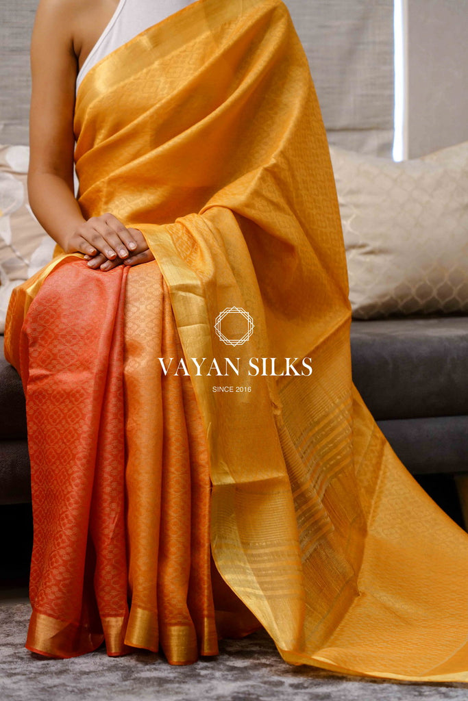 Yellow Orange Woven Tussar Silk Saree