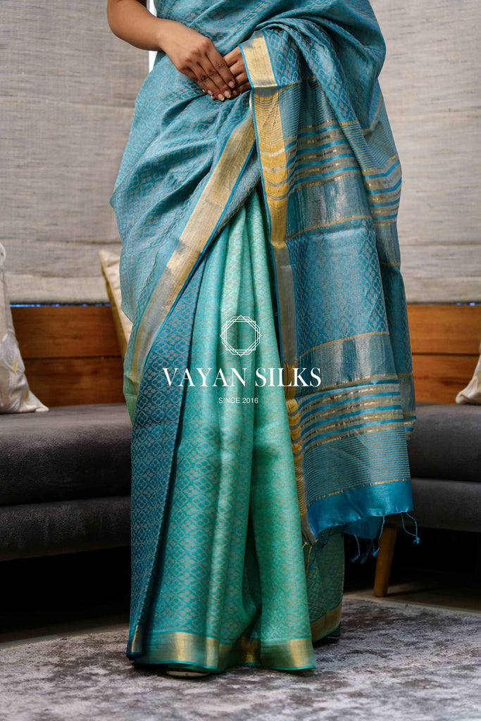 Blue Green Woven Tussar Silk Saree