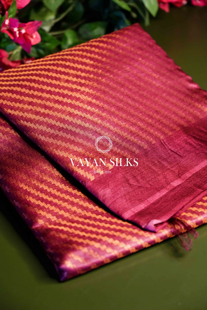 Wine Copper Zari Tussar Silk Saree