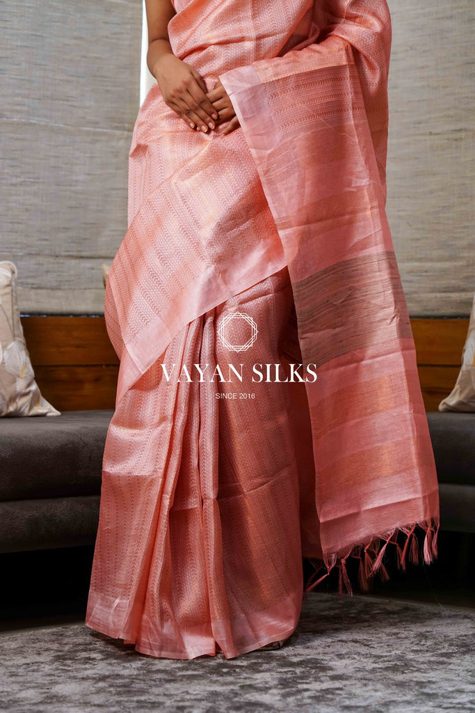 Baby Pink Tussar Silk Saree - Metallic Copper Collection