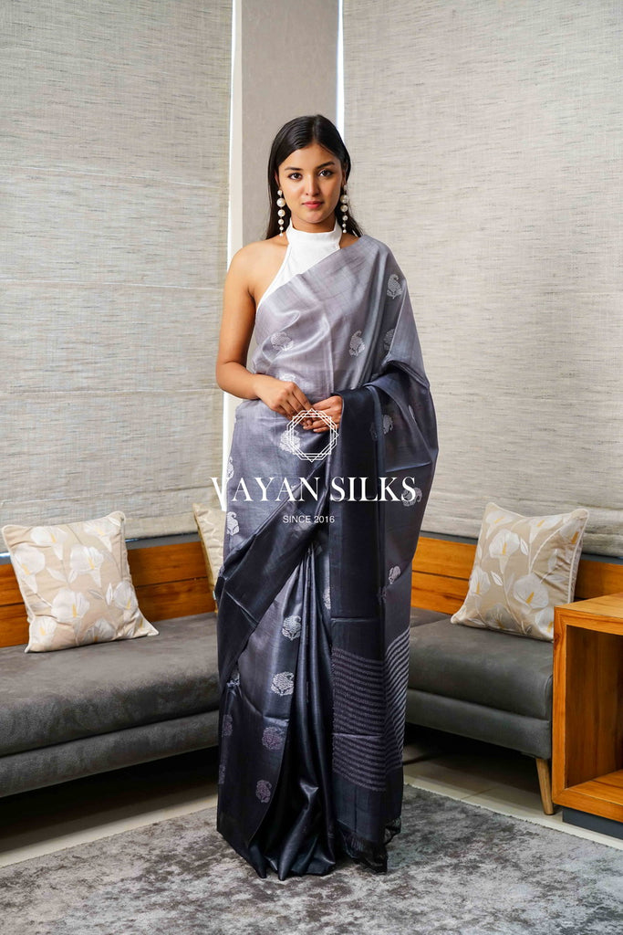 Grey Charcoal Tussar Silk Saree - Spring Summer Edit