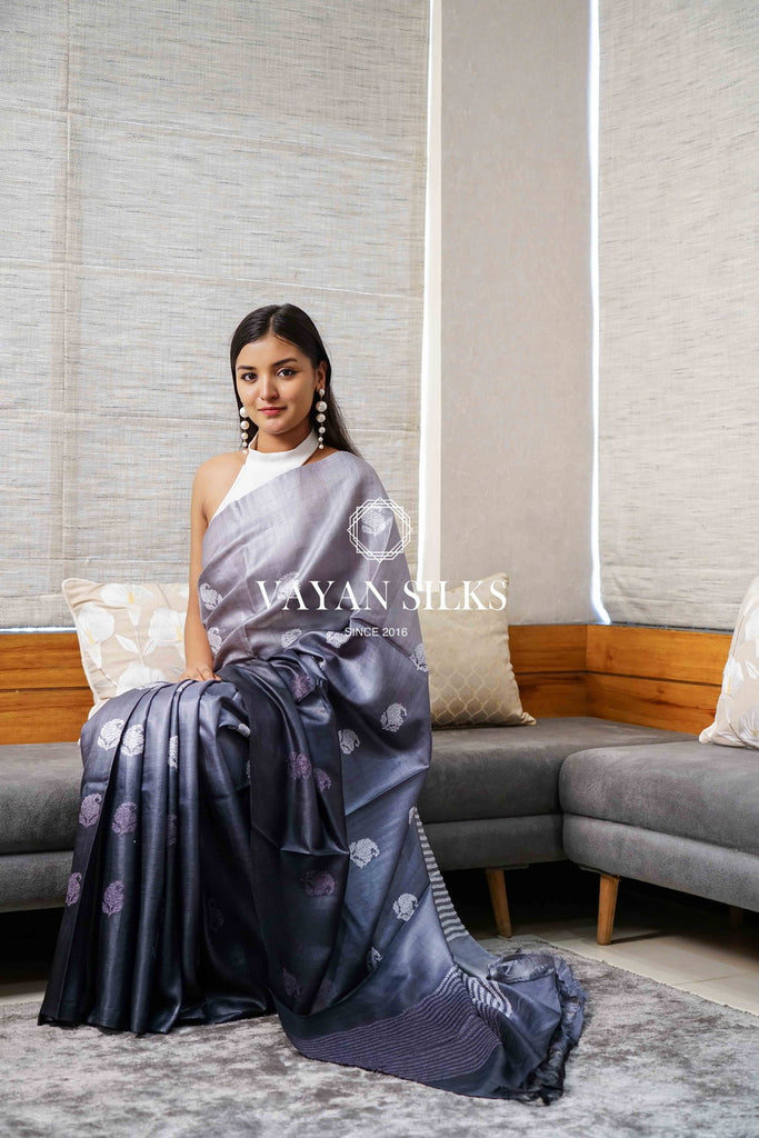 Grey Charcoal Tussar Silk Saree - Spring Summer Edit