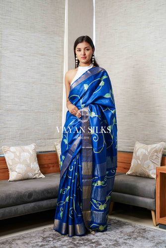 Persian Blue Handpainted Tussar Silk Saree