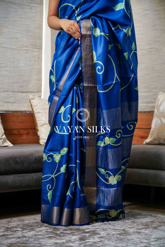 Persian Blue Handpainted Tussar Silk Saree