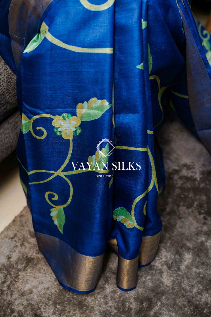 Persian Blue Handpainted Tussar Silk Saree