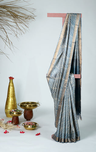 Bluish Grey Color Tussar Silk Printed Saree