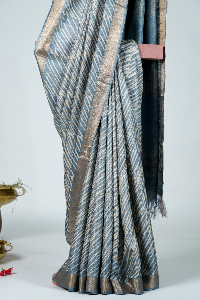 Bluish Grey Color Tussar Silk Printed Saree