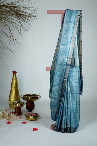 Blue Color Tussar Silk Printed Saree