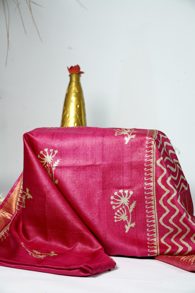 Pink Color Tussar Silk Printed Saree