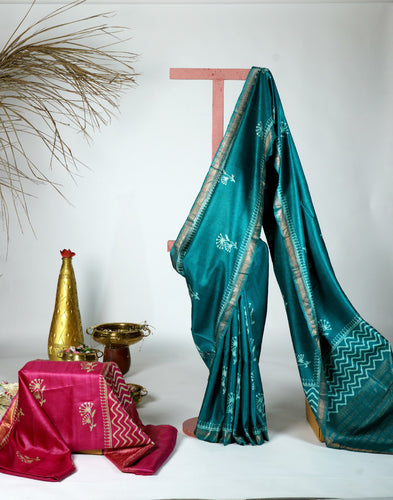 Dark Green Color Tussar Silk Printed Saree