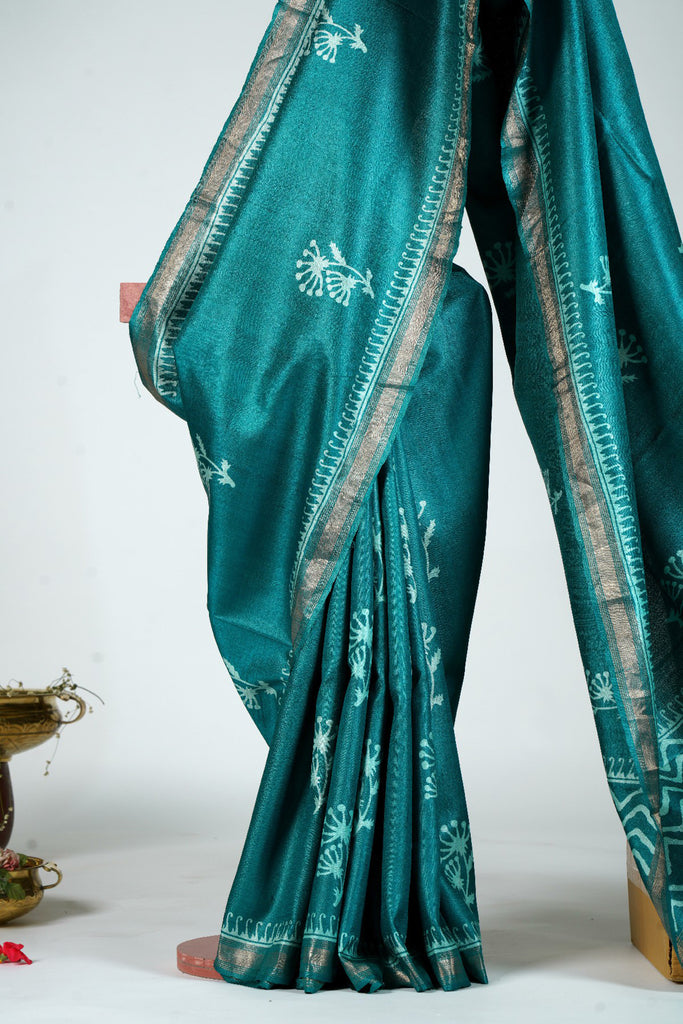 Dark Green Color Tussar Silk Printed Saree