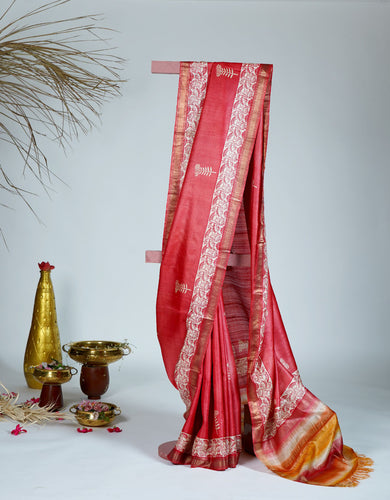 Red Color Tussar Silk Printed Saree