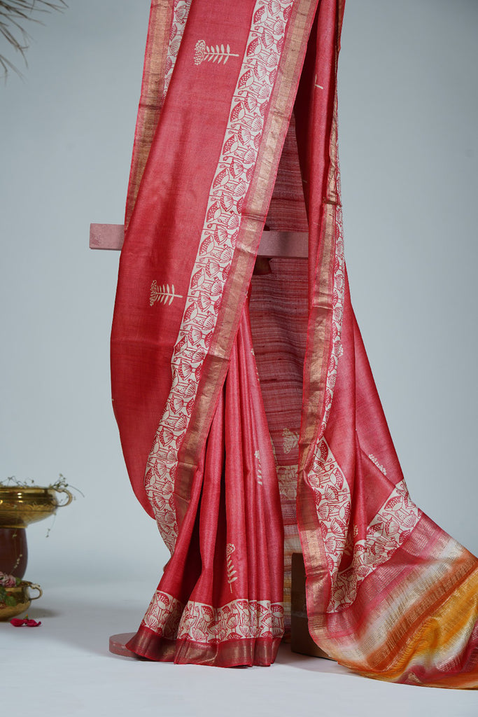 Red Color Tussar Silk Printed Saree