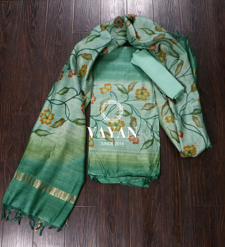 Green Hand painted Tussar Silk Suit Set
