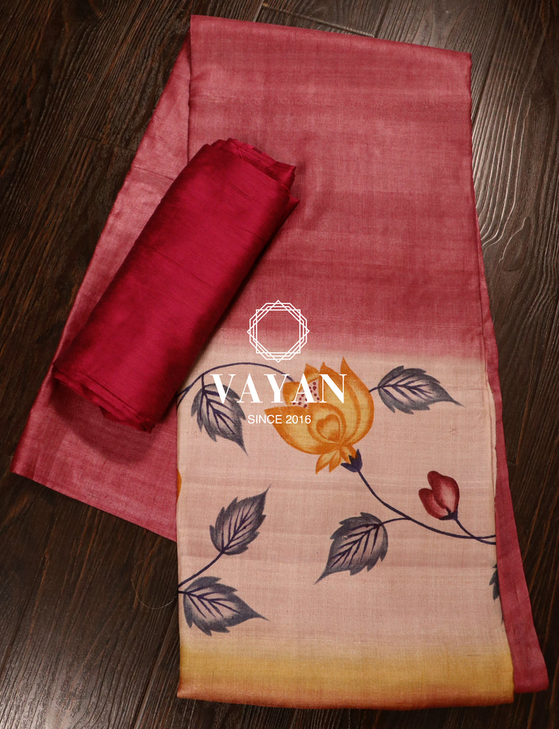 Onion color Hand painted Tussar Silk Suit Set