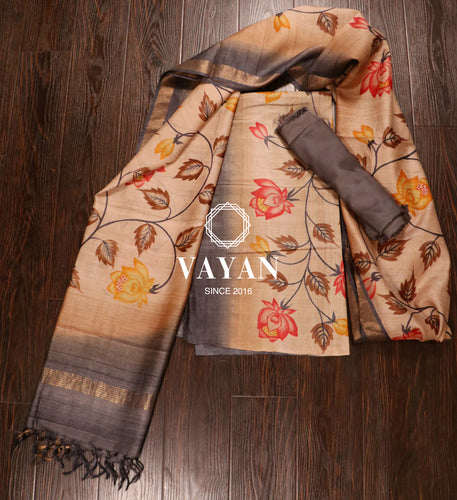 Charcoal Beige Hand painted Tussar Silk Suit Set