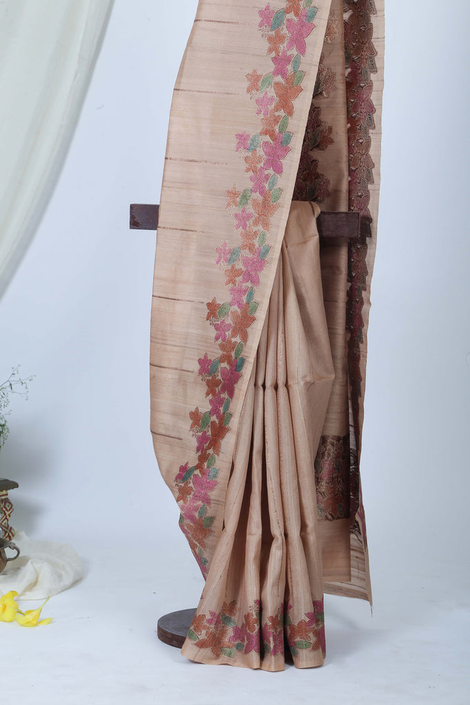 Peach Color Floral Tussar Saree l Festive Wear