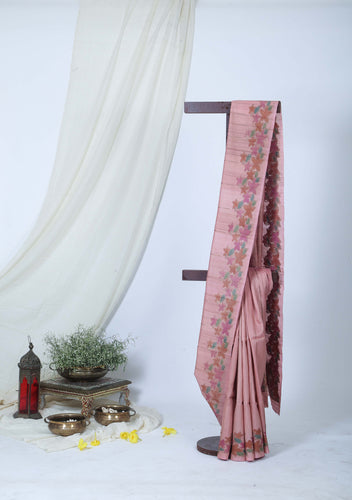 Pink Floral Tussar Saree l Festive Wear